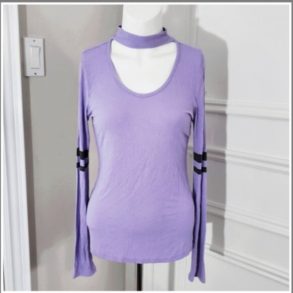 Lavender Retro Ring Neck Varsity Stripe Top - Picture 9 of 9